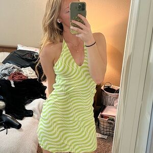 Zara green and white mini halter dress